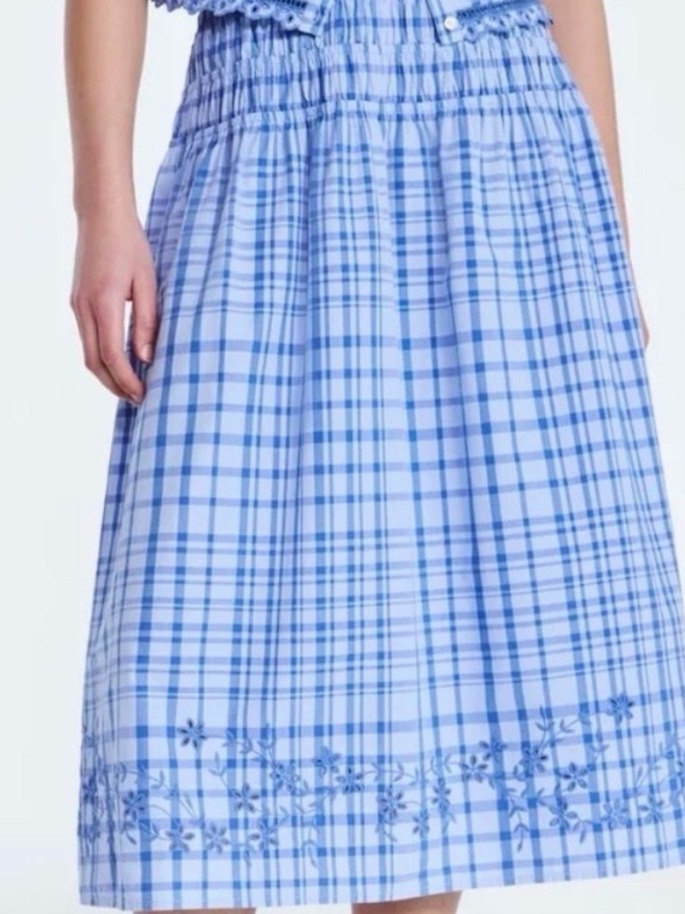Smocked Waist Blue Plaid Midi Skirt with Embroidered Hem